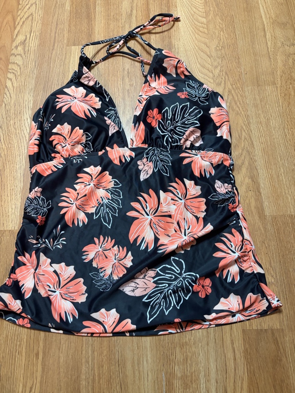 Source Unknown Black Floral Halter Swim Top with Coral Accents